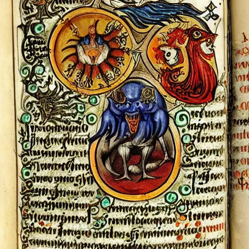 Image similar to medieval bestiary of repressed emotion monsters and creatures starting a fiery revolution in the psyche, in the style of an alchemical manuscript