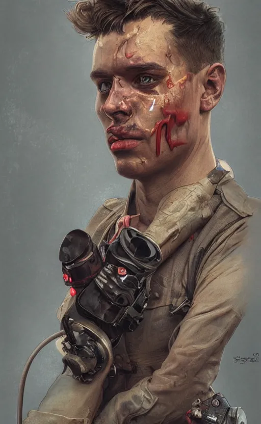 Image similar to portrait of a male firefighter wearing a firefighter suit, bruised, covered in dirt, confident and proud, intricate, headshot, highly detailed, digital painting, artstation, concept art, sharp focus, cinematic lighting, illustration, art by artgerm and greg rutkowski, alphonse mucha, cgsociety