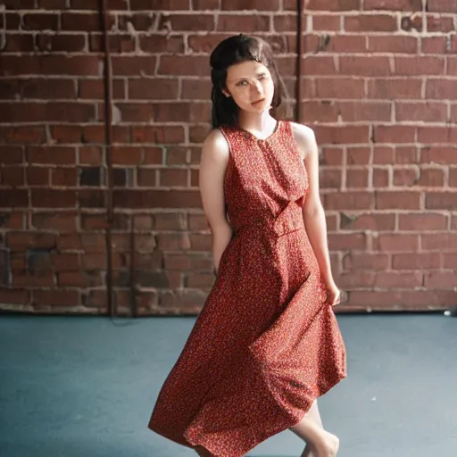 Image similar to a photo of a beautiful brown hair woman in a sun dress in a studio, an industrial studio with large windows and red brick walls, 85mm lens, Kodak Portra 400 film, trending on Instagram