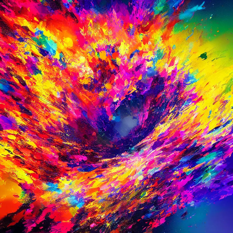 Prompt: fine art painting of an abstract explosion of vibrant colors, artstation, cgsociety, very detailed, intricate, detailed illustration, deep vibrant colors