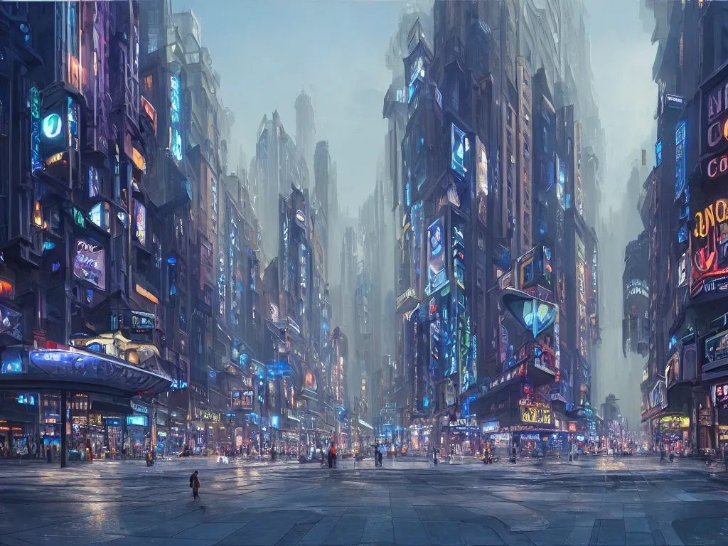 Prompt: beautiful matte painting of a busy city street with complex buildings, vivid lights, art deco, street view, street level, futuristic, technological lights, large screens, ads, intricate, fine detail, smooth lines, polished, cinematic lighting, concept art, blue color scheme, digital painting, realism, by hugh ferris and noriyoshi ohrai