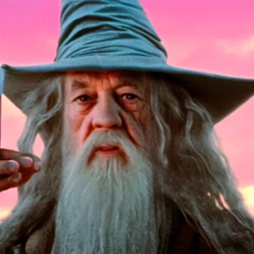 Prompt: portrait of gandalf with a pink bowtie on his head, holding a blank playing card up to the camera, movie still from the lord of the rings