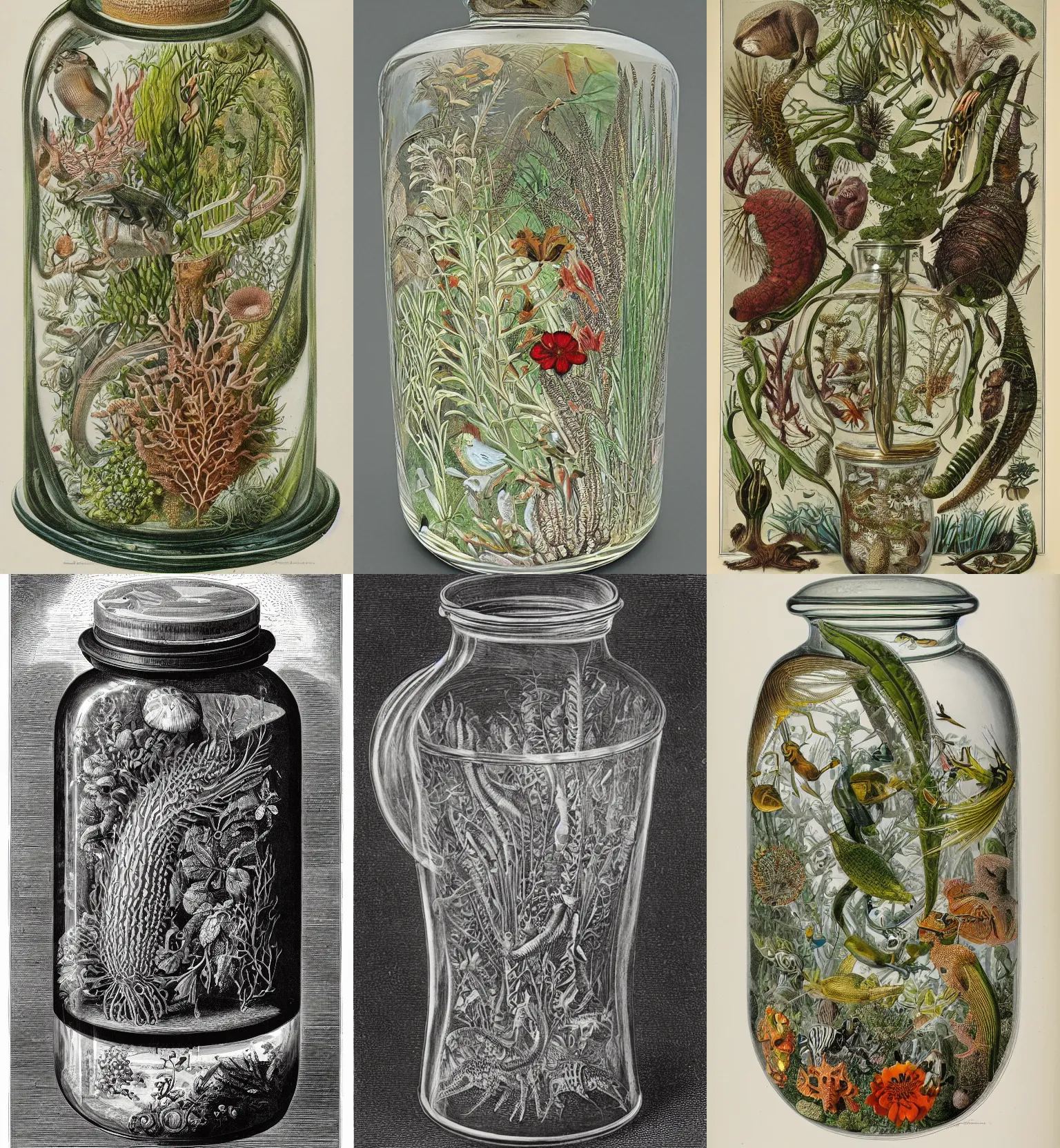 Prompt: glass jar with rich life inside zoological scientific illustration, made by Ernst Haeckel