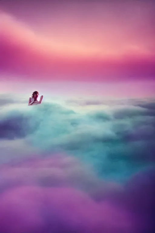 Image similar to high quality pastel coloured film close up wide angle photograph of a model wearing clothing swimming on cloud furniture in a icelandic black rock!! environment in a partially haze filled dreamstate world. three point light, rainbow. photographic production. art directed. pastel colours. volumetric clouds. pastel gradient overlay. waves glitch artefacts. extreme facial clarity. 8 k. filmic.