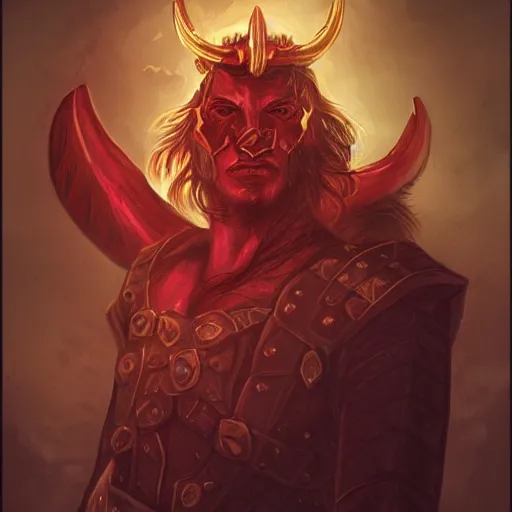 Prompt: dnd portrait of a tiefling, male, red scales, a big black beard, completely golden eyes,