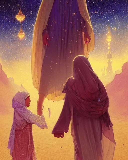 Prompt: bedouin man and woman and child, quran falling from the sky in galaxy walking towards mosque surrounded by nebula, highly detailed, gold filigree, romantic storybook fantasy, soft cinematic lighting, award, disney concept art watercolor illustration by mandy jurgens and alphonse mucha and alena aenami, pastel color palette, featured on artstation