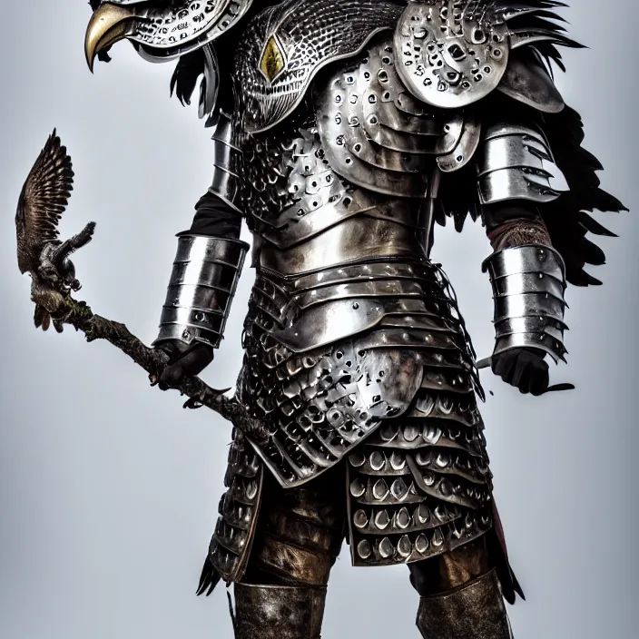 Prompt: full length photo of a warrior with metal owl themed armour, highly detailed, 4 k, hdr, smooth, sharp focus, high resolution, award - winning photo