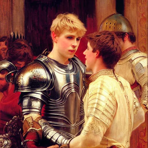 Image similar to attractive fully clothed arthur pendragon confesses his love for his attractive fully clothed male knight. highly detailed painting by gaston bussiere and j. c. leyendecker 8 k