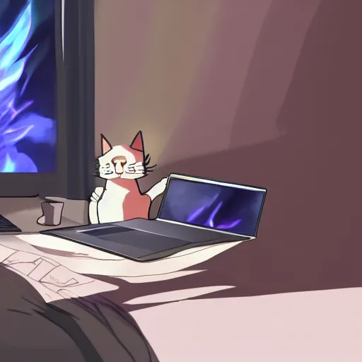 Image similar to a cat using a laptop, looking at memes, high quality anime concept art, digital art, 4k