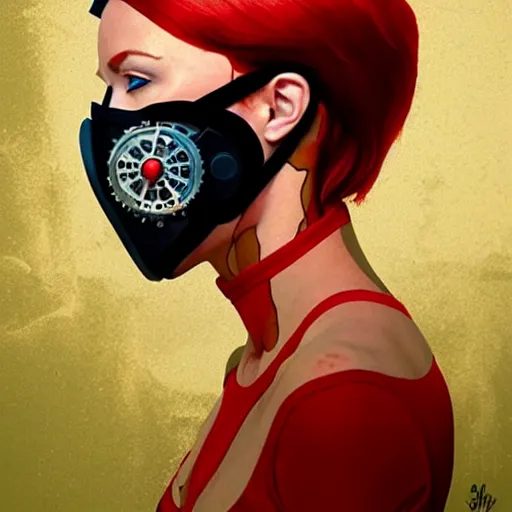 Image similar to portrait of red head woman with a diver mask :: side profile :: in ocean :: guns and bullets :: metallic clockwork details :: gold and petals pattern :: blood and horror :: by marvel and Sandra Chevrier