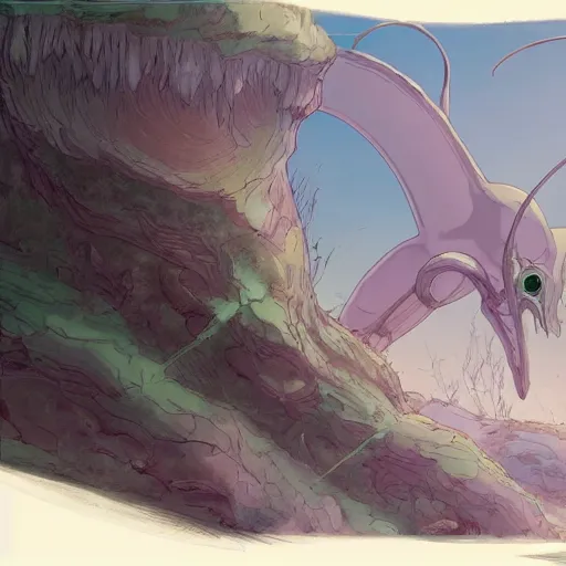 Image similar to concept art painting of alien creatures, detailed, cel shaded, in the style of makoto shinkai and moebius and james gurney