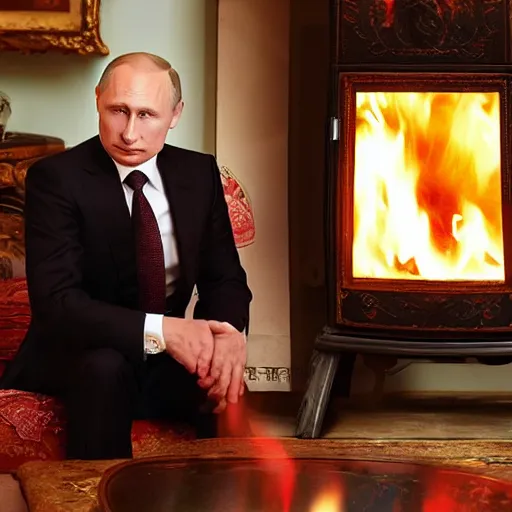 Image similar to vladimir putin in a waistcoat staring at a log fire jelious girlfriend, 1 5 0 mm lighting effect