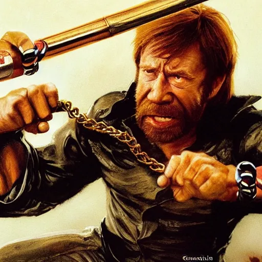 Image similar to cinematic action shot freeze frame portrait of Chuck Norris using nunchaku that are made out of two mini Chuck Norris's connected to each other at their ends by a short metal chain, golden ratio, art by greg rutkowski and frank frazetta and peter mohrbacher and marc silvestri