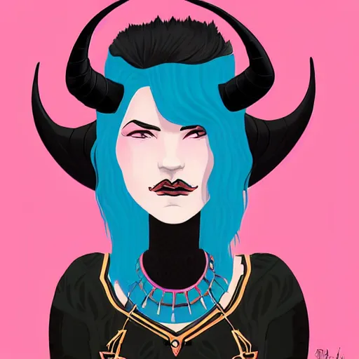 Prompt: illustrated portrait of ram-horned devil woman with blue bob hairstyle and hex #FFA500 colored skin and with solid black eyes wearing leather by rossdraws