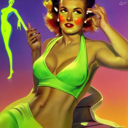 Prompt: portrait of pin up girl in a neon green bikini, visible aura of madness distorting the surroundings, occult details, high quality, 8 k by art frahm