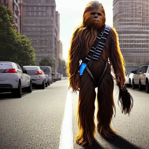 Prompt: Chewbacca, walking on the street, on a leash, owner on the right hand side, photorealistic, 4k