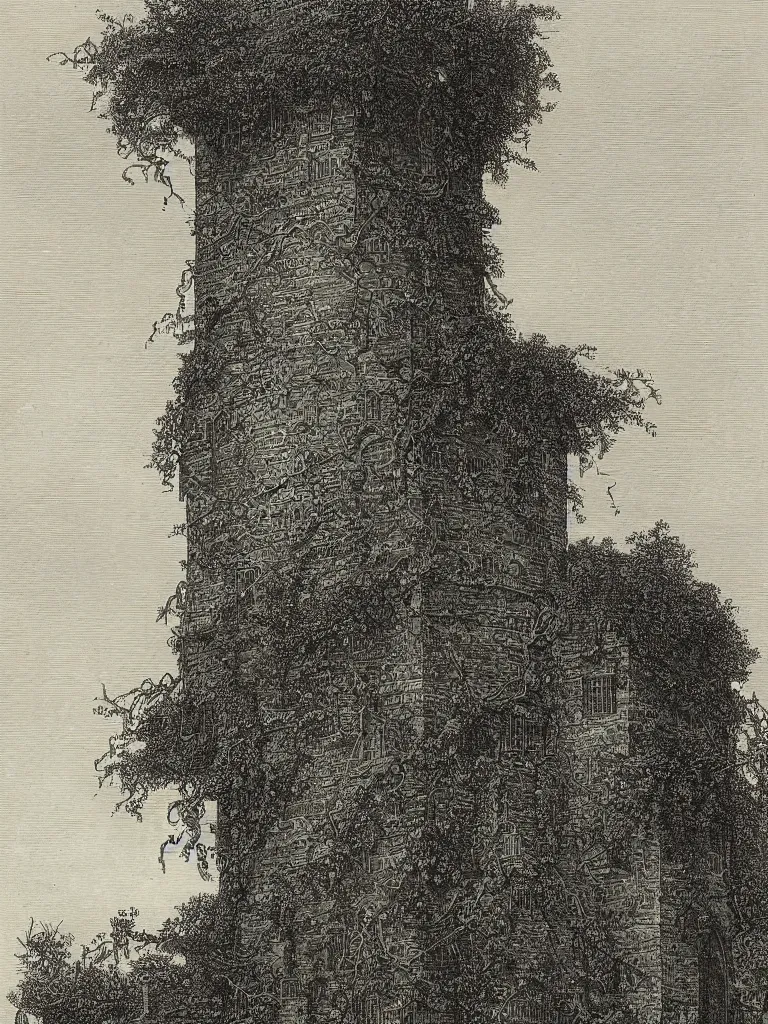 Prompt: “An engraving of a crooked, ivy-covered tower with a pointed roof by Gustave Dore”