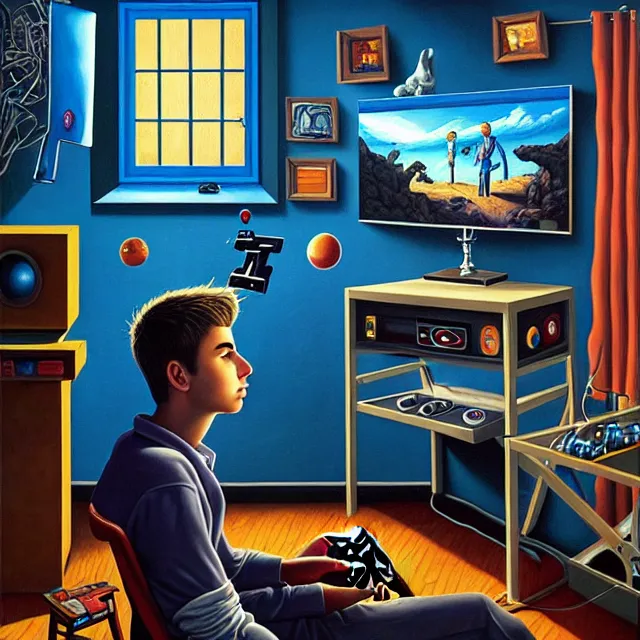 Prompt: an oil on canvas portrait of a teenager in his room playing videogames and watch television, surrealism, surrealist, cosmic horror, rob gonsalves, high detail