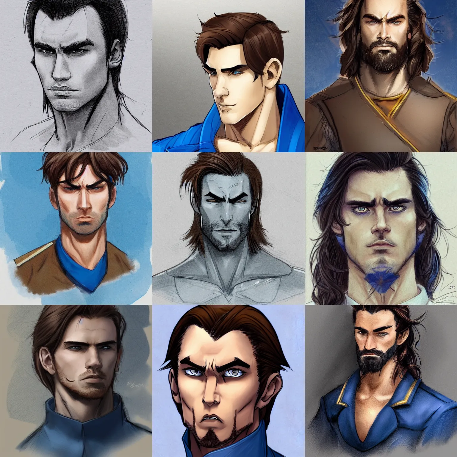 Prompt: a young man with shoulder length brown hair, with a scar on his forehead. blue uniform. serious expression, handsome, rugged, kaladin stormblessed, way of kings, artgerm, portrait, sketch