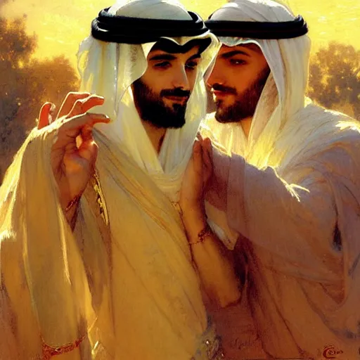 Image similar to attractive arab king in love with his attractive male prince. highly detailed painting by gaston bussiere, craig mullins, j. c. leyendecker