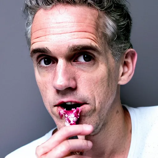 Prompt: shirtless jordan peterson with messy yoghurt on his face