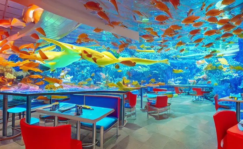 Image similar to inside a fastfood fish restaurant, fluorescent light, bright, atlantis theme, a big aquarium at the wall