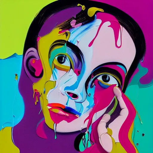 Image similar to woman holding a baby, an ultrafine detailed painting by peter max and francis bacon and fiona rae and hernan bas and anna mond, featured on deviantart, metaphysical painting, pop surrealism, melting paint, biomorphic, mixed media, photorealistic, dripping paint, palette knife texture, masterpiece