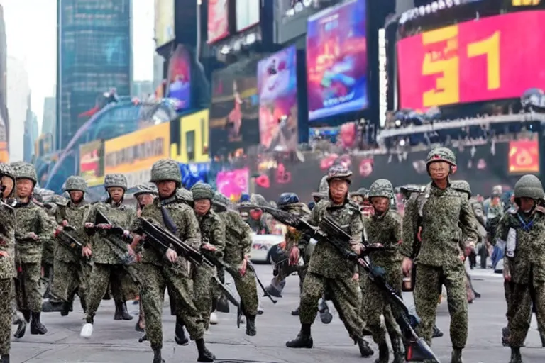 Prompt: chinese army fighting on time square