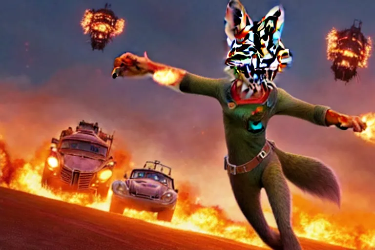 Image similar to nick wilde ( from zootopia ), heavily armed and armored facing down armageddon in a dark and gritty reboot from the makers of mad max : fury road