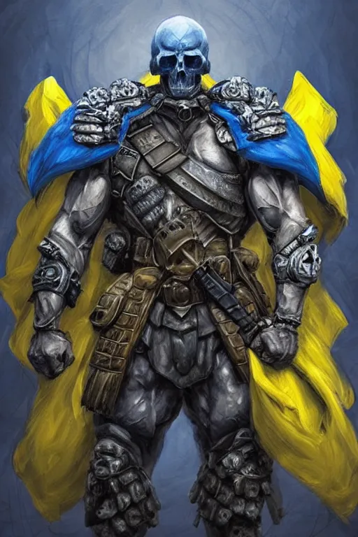 Prompt: a distant shot from behind of a Ukrainian super soldier with blue and yellow flag behind him standing alone on a huge pile of skulls as a winner, masculine muscular figure, D&D, fantasy, intricate, elegant, highly detailed, extremely detailed, digital painting, artstation, concept art, matte, smooth, hyper realistic, sharp focus, illustration, art by Artgerm and Greg Rutkowski and Alphonse Mucha