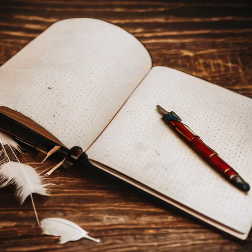 Image similar to highly detailed close up photo of an old worn notebook on wooden table, old table, feather pen, light coming out of near window, moody lighting, dust in air