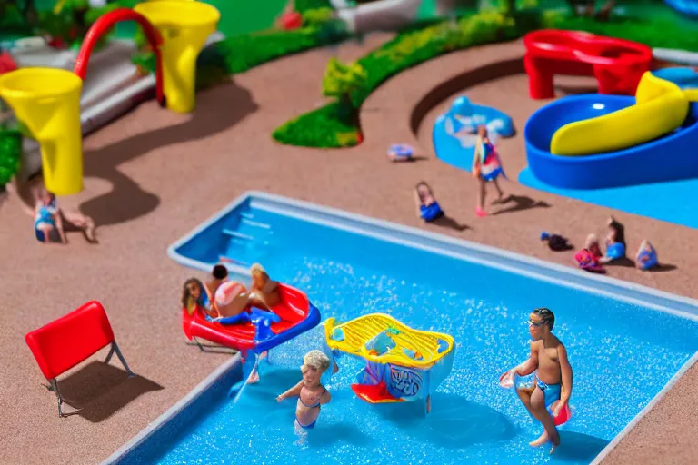 Image similar to fisher price public pool, california, in 2 0 1 5, 8 k, scene from tv show hyper detailed 5 5 mm 8 5 mm, toy photography, made out of plastic