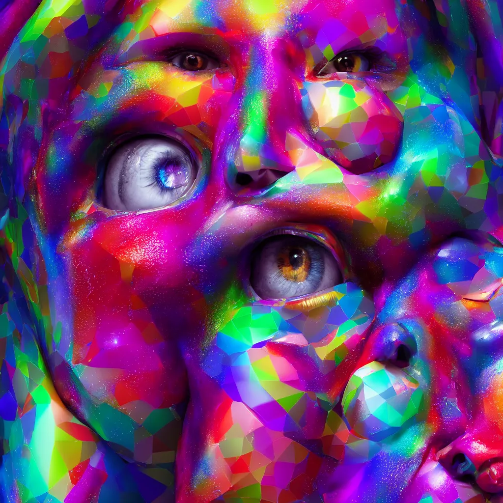 Prompt: chromatic 3D geometry, candy eyes, matte bright highly detailed, epic, 3D render, digital art, artstation, 8K artistic photography, photo-realistic, by Hiroya Oku, Jenny Seville, Salvador Dali, Francis Bacon, WLOP