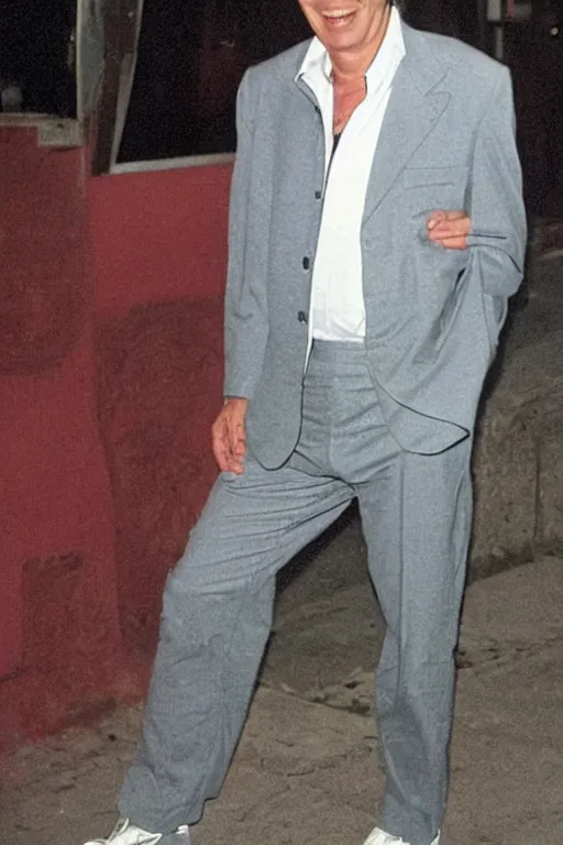 Prompt: Tony Blair with a mullet hair style, dressed in white 1980s tracksuit and trainers, standing outside a nightclub