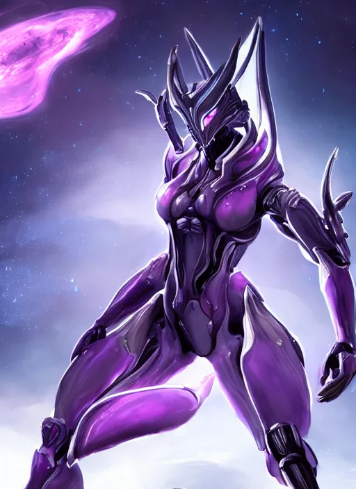 Image similar to cinematic close shot, galactic sized goddess, proportional stunning beautiful hot female warframe, sleek mecha female dragon head, metal ears, led purple eyes, smooth fuschia skin, sleek silver armor, floating in space, holding a galaxy, epic proportions, epic size, epic scale, furry art, dragon art, giantess art, warframe fanart, furaffinity, octane