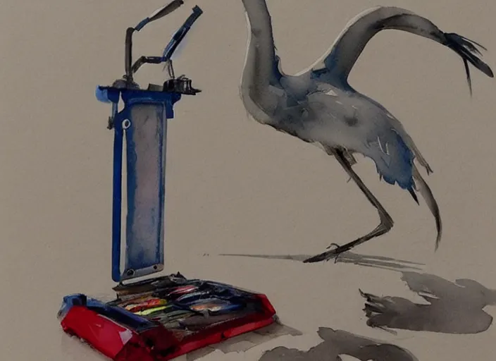 Prompt: concept art of a crane machine, pinterest, artstation trending, behance, watercolor, by coby whitmore, silver, laser light,