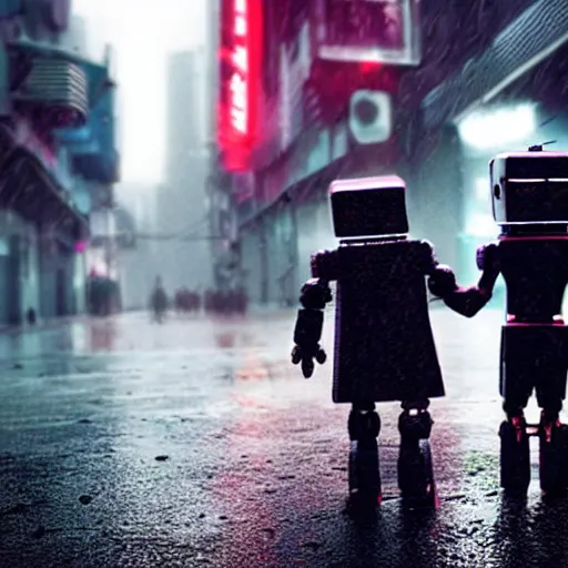 Prompt: robot walking holding hands with a child in the middle of a cyberpunk street, blade runner, it is raining,