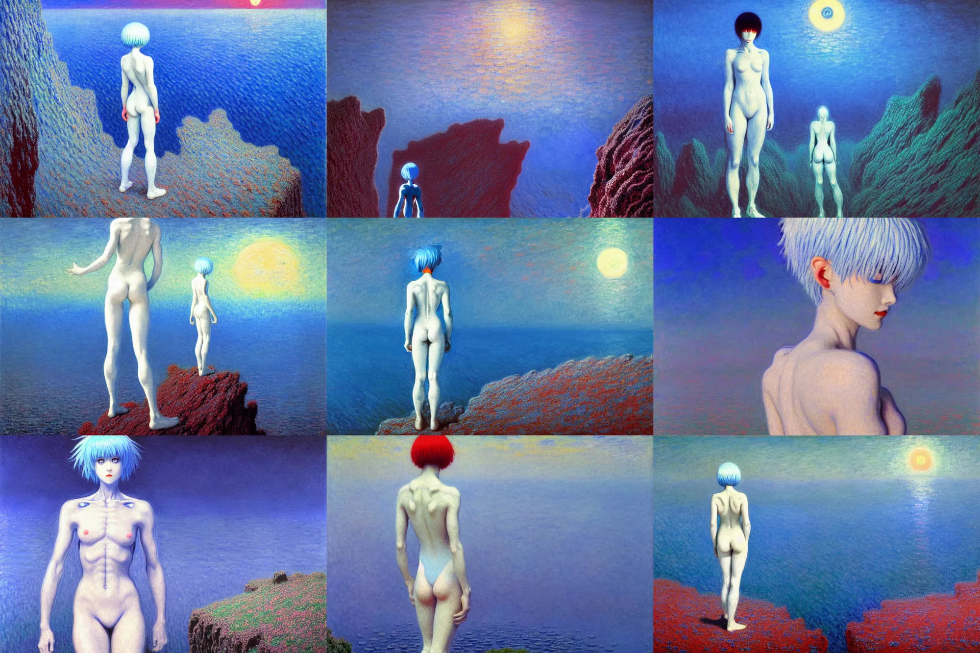 Prompt: blue hair rei ayanami wearing a white plugsuit in a rocky landscape at night. the sea is deep red colour. bright moon in the sky, moonlight, zdislaw beksinski, beautiful painting by claude monet, highly detailed textured 8k