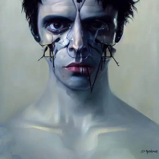 Image similar to surreal portrait of a man by Greg Rutkowski, symmetrical face, he is about 30 years old, short black hair with bangs, his features are a mix between French, Turkish and Russian, transformed into a kind of biomechanical transhuman god, blue glowing eyes, expression of epiphany and determination, cosmic void background, frightening, fascinating, highly detailed portrait, digital painting, book cover, artstation, concept art, smooth, sharp foccus ilustration, Artstation HQ