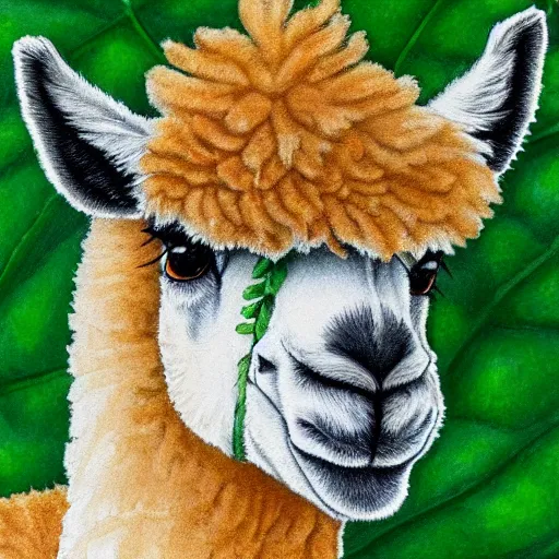 Prompt: copic paint of a alpaca face on a green leaf
