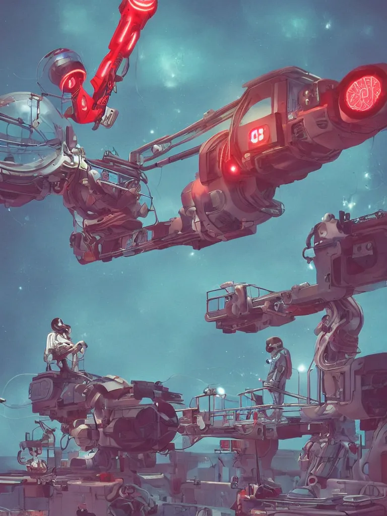 Image similar to graphic art of dystopian futuristic 1 0 mechanic surgeons in space suits, operate on a huge mickey mouse! severed - head!! held by a crane. ominous glowing red netflix!!! sign in the background, trending on art station, beeple