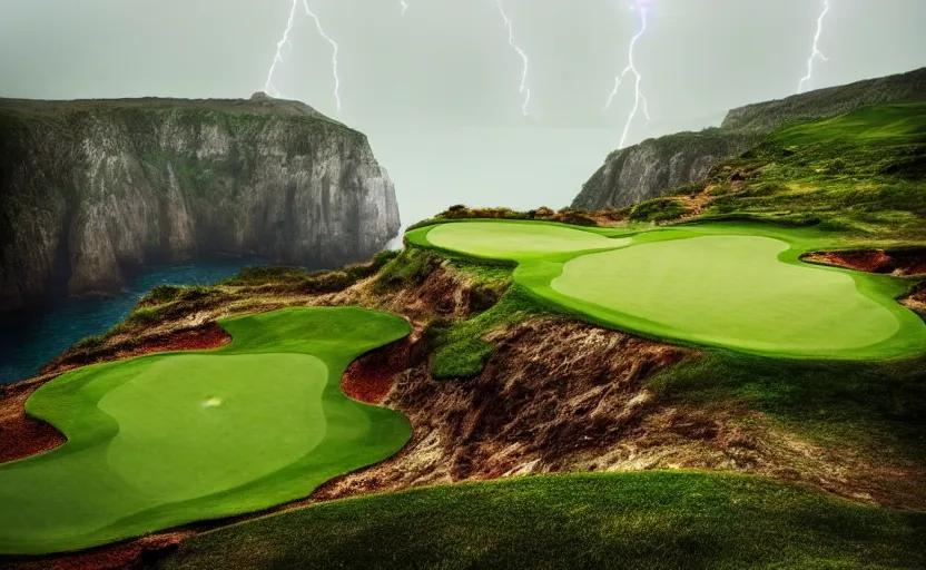 Image similar to a great photograph of the most amazing golf hole in the world, rainy day during lightning storm, cliffs by the sea, perfect green fairway, human perspective, ambient light, 5 0 mm, golf digest, top 1 0 0, fog