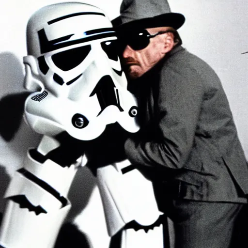 Prompt: walter white kissing a stormtrooper 1980 photo