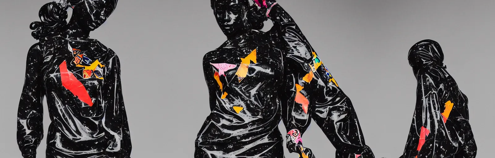 Prompt: black marble statue of a beautiful woman with colorful motocross logos in the style of virgil abloh, very very beautiful, detailed, off white, heron preston, 8 k, 4 k, detailed, beautiful, symmetrical, vogue, editorial, fashion, magazine, museum lighting, museum, gallery