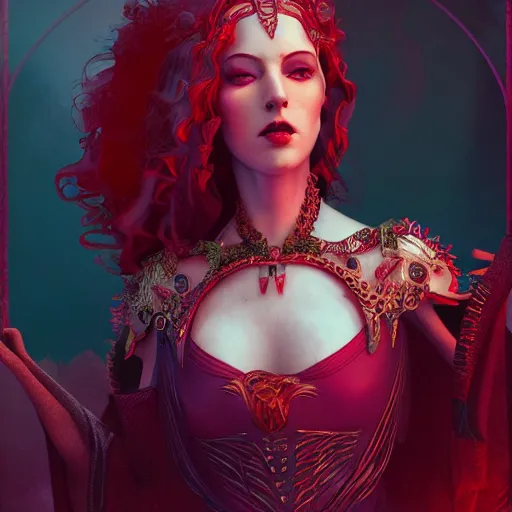 Prompt: helen of troy as a master vampire sorceress, intricate and vibrant evil colors, tarot card, full of dark crimson layers, portrait, trending on artstation, incredible purple and red lightning illustration, exquisite detail, octane render, 8 k postprocessing