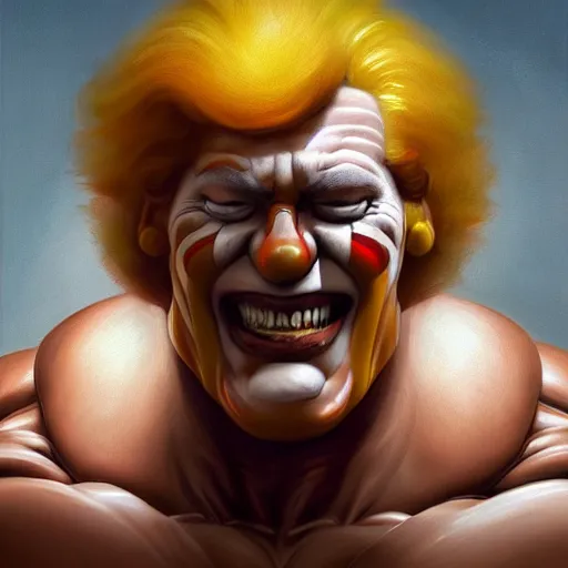 Prompt: portrait of Ronald McDonald as Alex Jones, muscular, wild, upper body, D&D, fantasy, intricate, cinematic lighting, highly detailed, digital painting, artstation, concept art, smooth, sharp focus, illustration, art by Hajime Sorayama