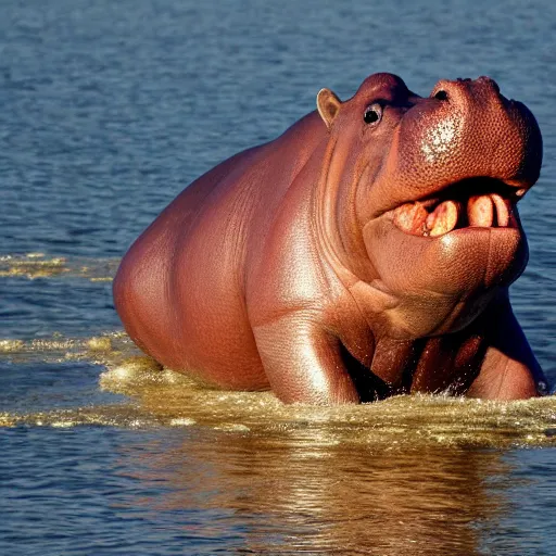 Prompt: a hippopotamus with a golden trophy in its mouth. photograph.