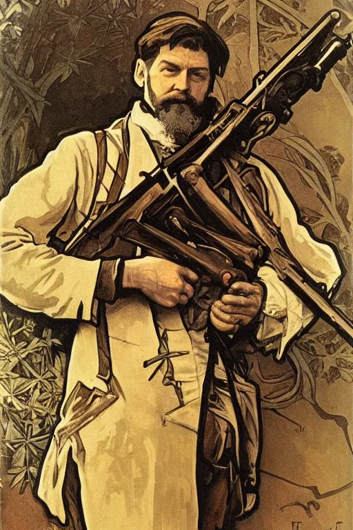 Image similar to portrait of John Brown holding a rifle, lithograph by Alphonse Mucha