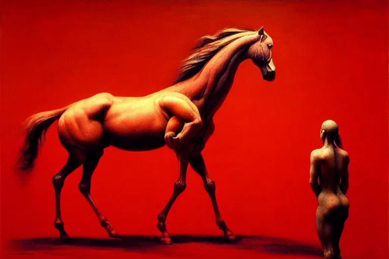 Image similar to a red horse, in the style of beksinski, parts by edward hopper, parts by rodcenko, parts by yue minjun, intricate and epic composition, red by caravaggio, insanely quality, highly detailed, masterpiece, red light, artstation, 4 k