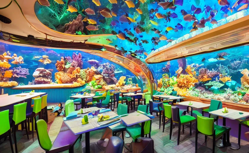 Prompt: inside a fastfood fish restaurant, fluorescent light, bright, atlantis theme, a big aquarium at the wall